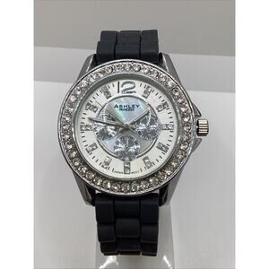 Ashley Princess Womenw Silver Rhinestone Watch Black Rubber Band New Battery!